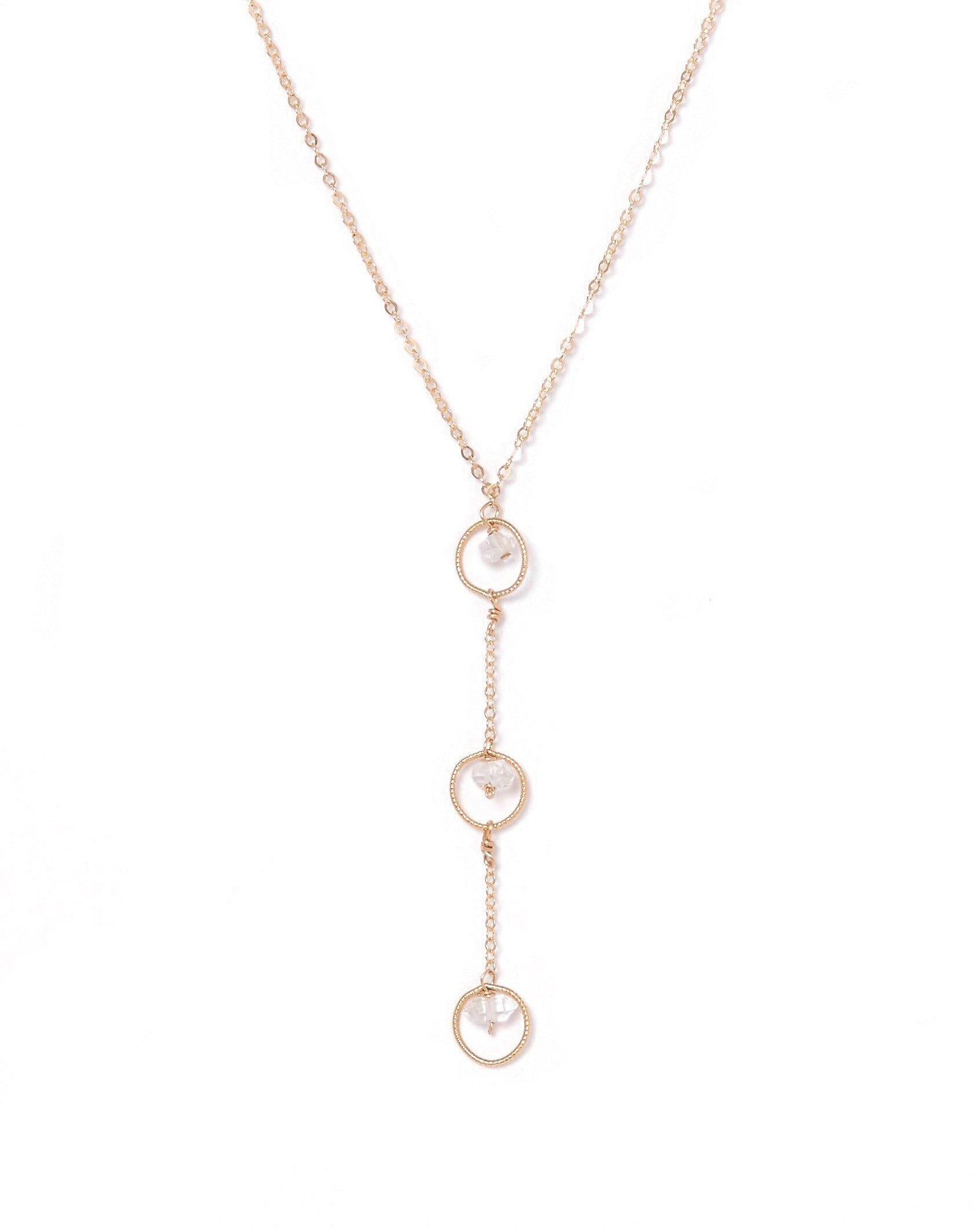 Tre Amos Necklace by KOZAKH. A 16 to 18 inch adjustable length, 1 1/2 inches drop lariat style necklace, crafted in 14K Gold Filled, featuring Herkimer Diamonds.