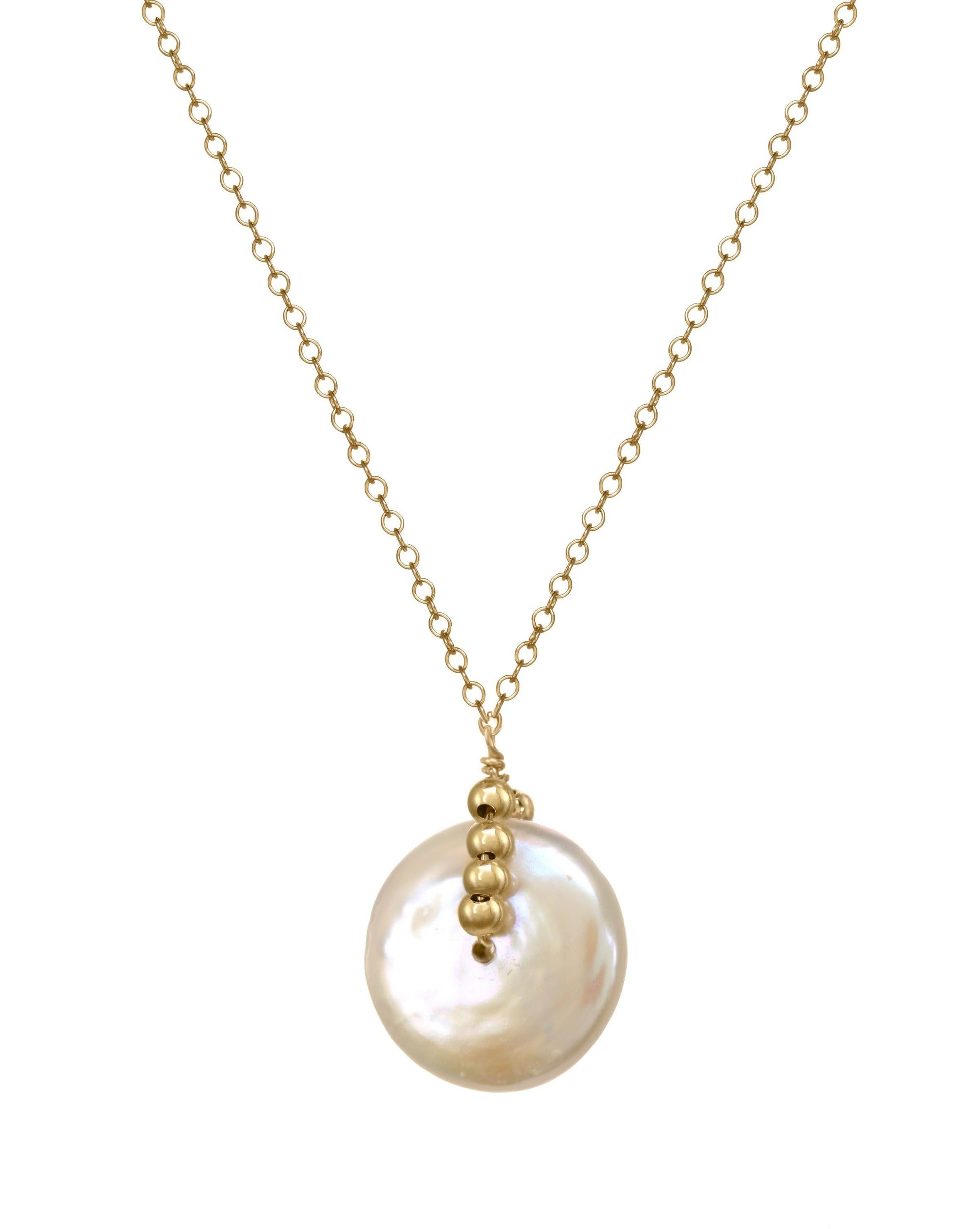 Violet Necklace by KOZAKH. A 16 to 18 inch adjustable length necklace, crafted in 14K Gold Filled, featuring a Keshi White pearl and 2mm seamless beads.