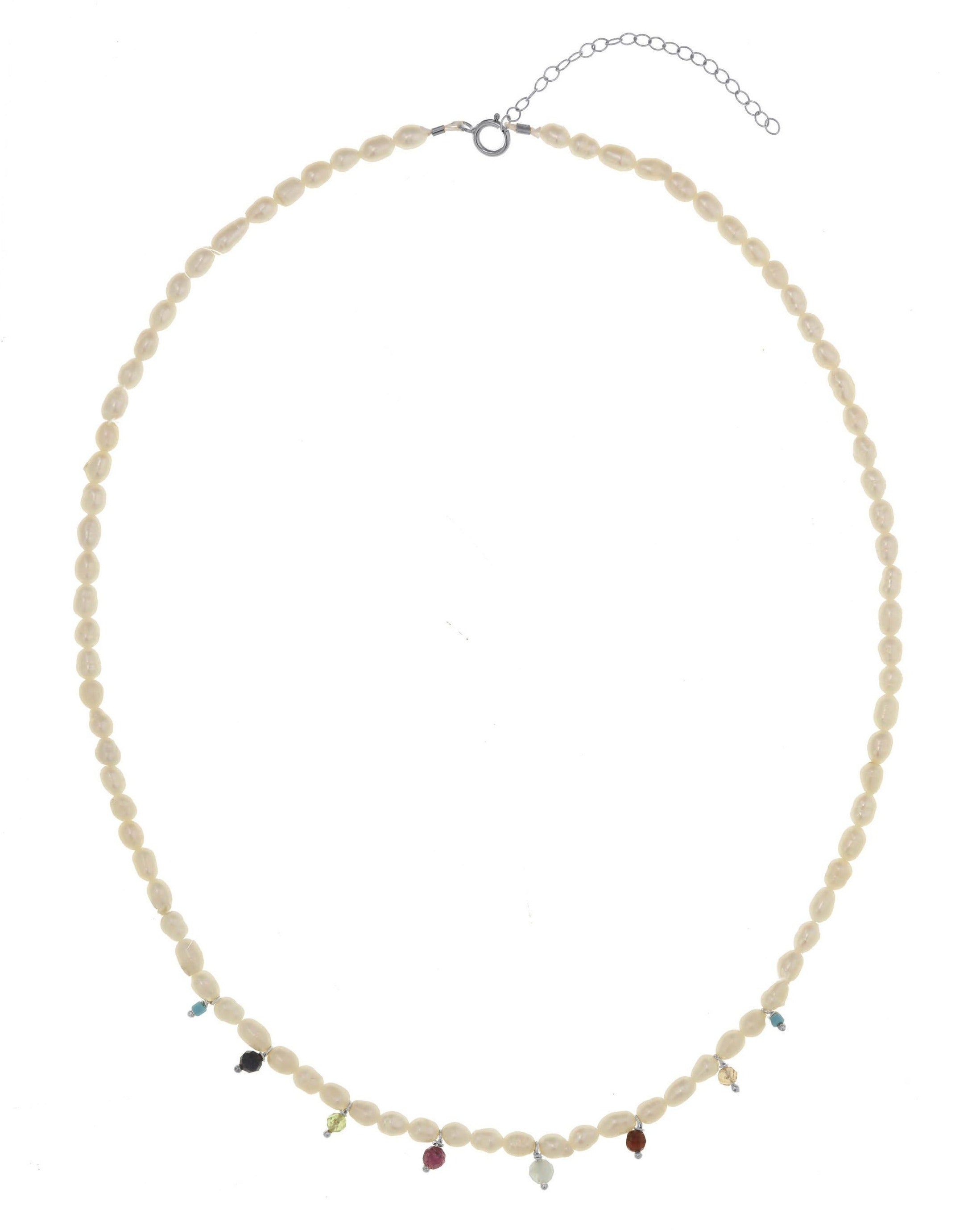 Zarina Necklace by KOZAKH. A 16 to 18 inch adjustable length, freshwater rice pearl strand necklace, clasp crafted in Sterling Silver, featuring Garnet, Peridot, Topaz, Aquamarine, Ruby, and Sapphire gemstones.