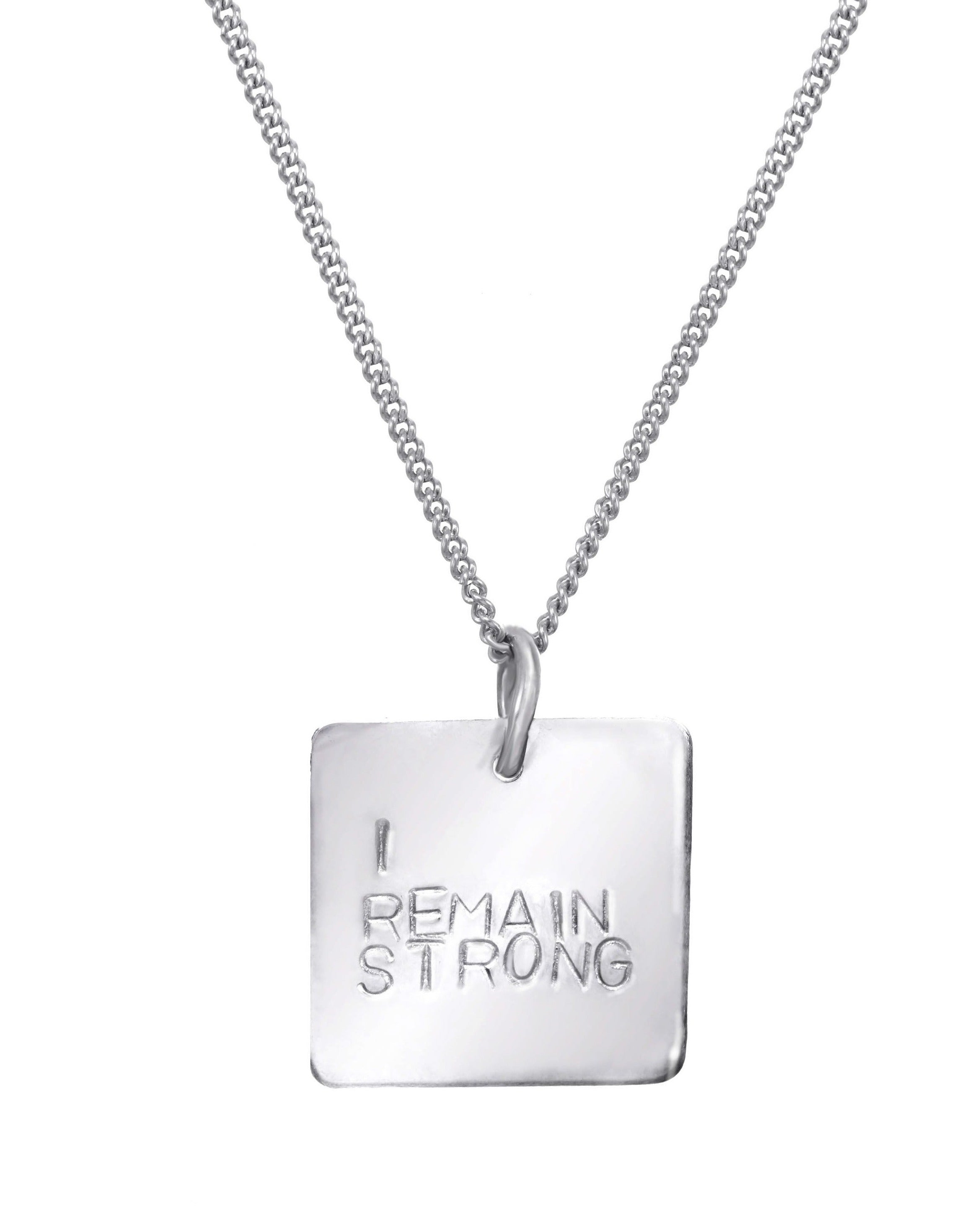 Zola Necklace by KOZAKH. A 16 to 18 inch adjustable length necklace, crafted in Sterling Silver, featuring a flat square pendant with engraved customizable quote.